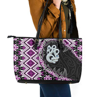 Purple Taniko Motif Aotearoa Manaia and Silver Fern Leather Tote Bag