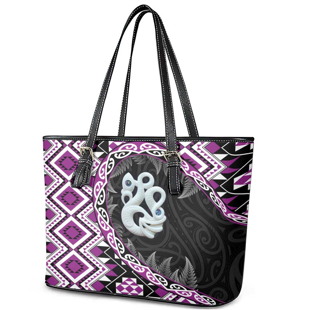 Purple Taniko Motif Aotearoa Manaia and Silver Fern Leather Tote Bag