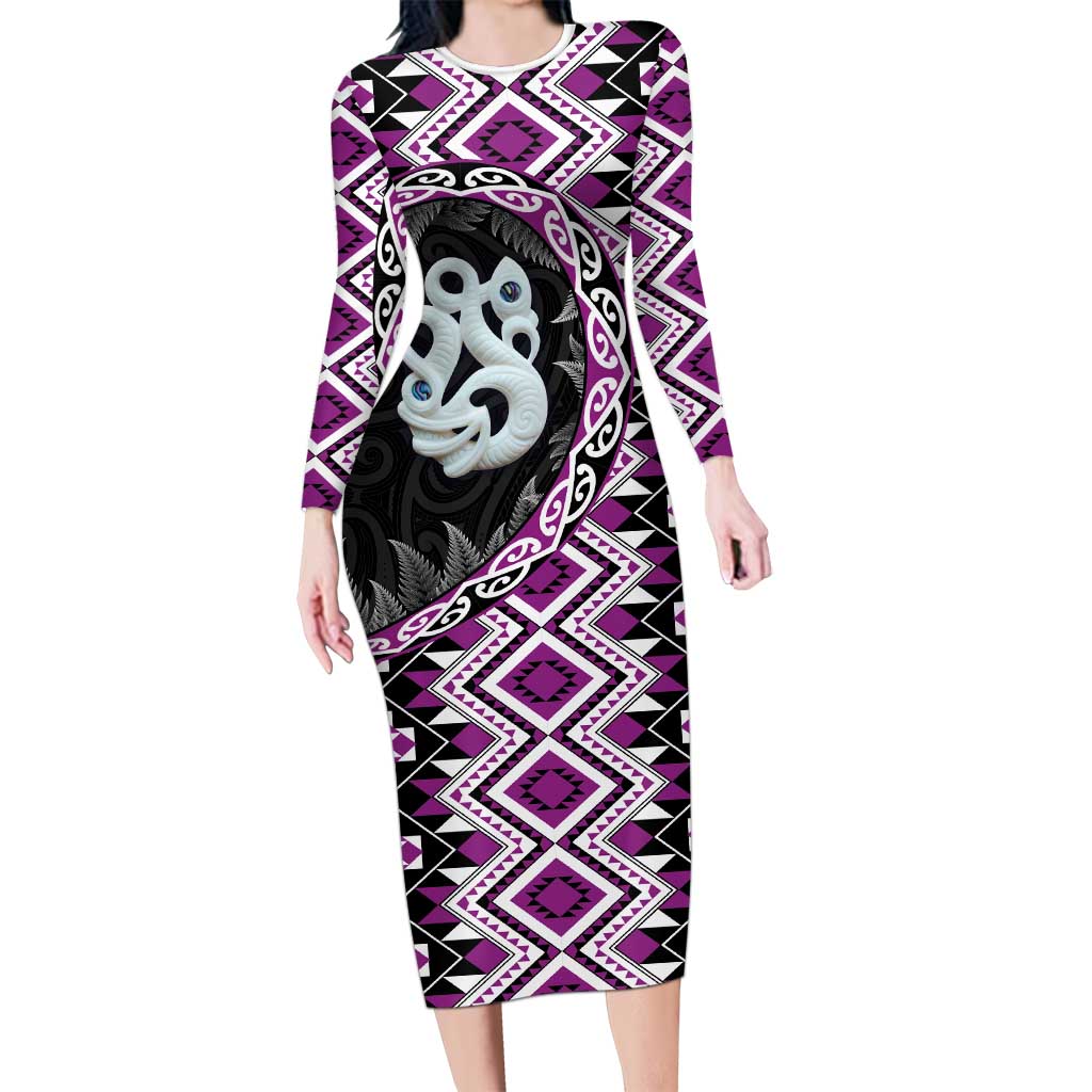 Purple Taniko Motif Aotearoa Manaia and Silver Fern Long Sleeve Bodycon Dress LT03 Long Dress Purple - Polynesian Pride