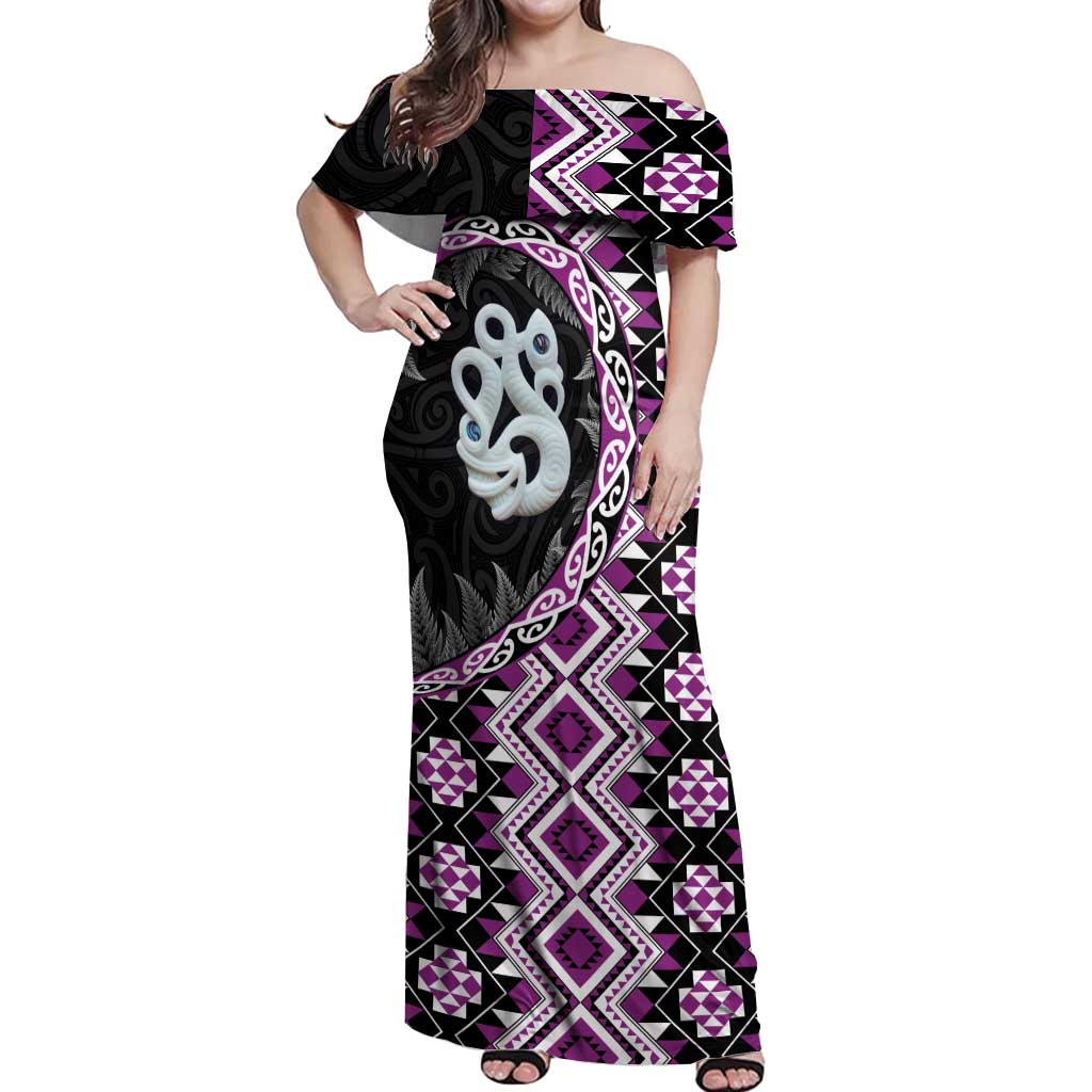 Purple Taniko Motif Aotearoa Manaia and Silver Fern Off Shoulder Maxi Dress LT03 Women Purple - Polynesian Pride