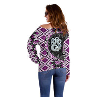Purple Taniko Motif Aotearoa Manaia and Silver Fern Off Shoulder Sweater