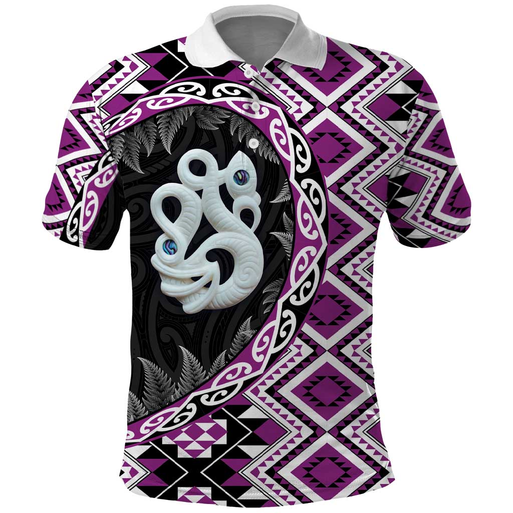 Purple Taniko Motif Aotearoa Manaia and Silver Fern Polo Shirt
