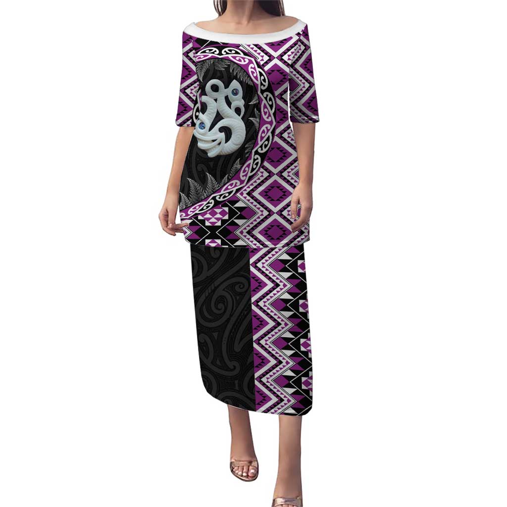 Purple Taniko Motif Aotearoa Manaia and Silver Fern Puletasi