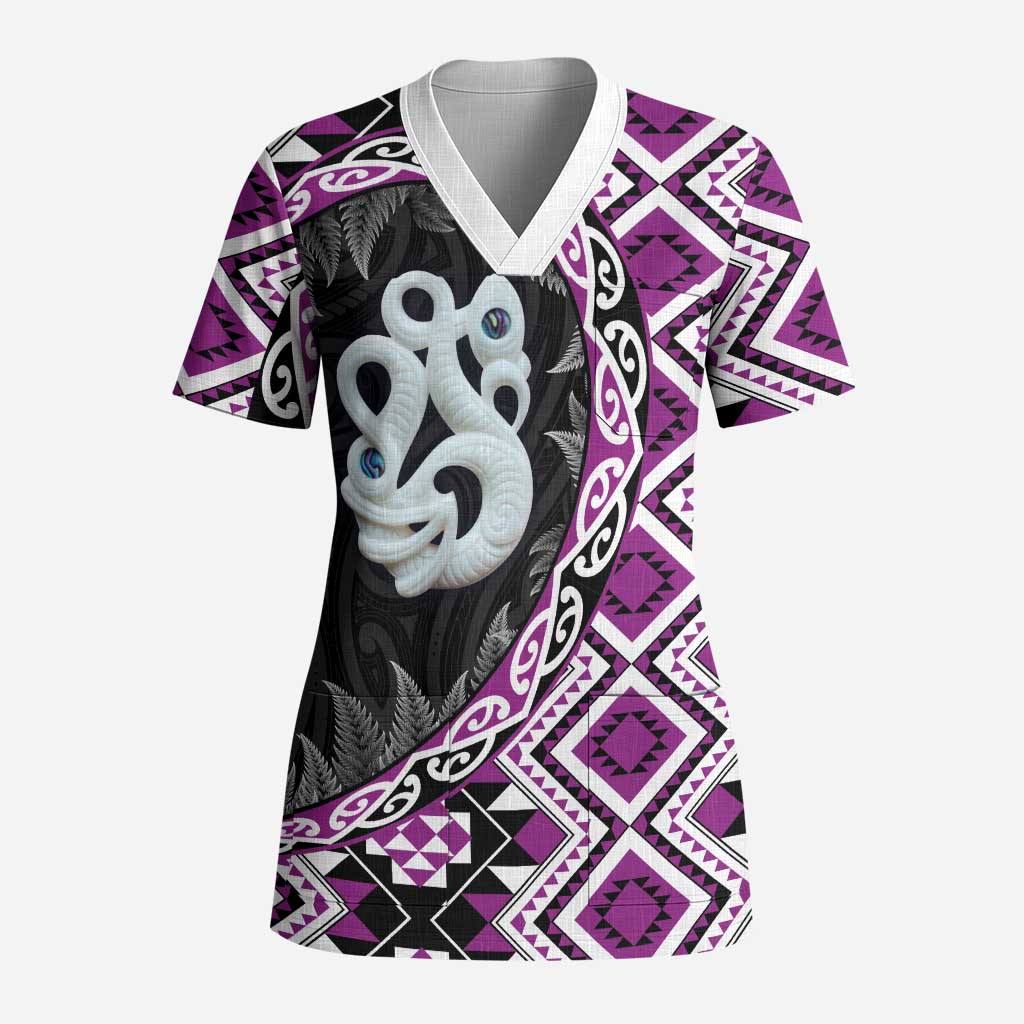 Purple Taniko Motif Aotearoa Manaia and Silver Fern Scrub Top - Polynesian Pride