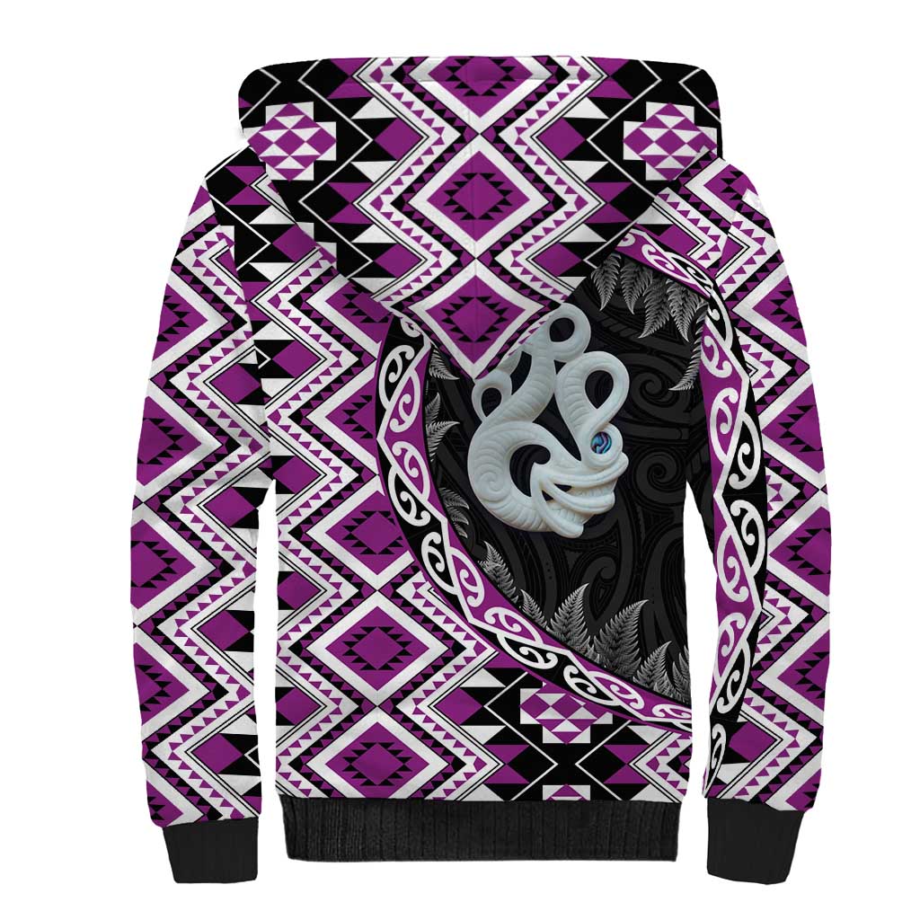 Purple Taniko Motif Aotearoa Manaia and Silver Fern Sherpa Hoodie