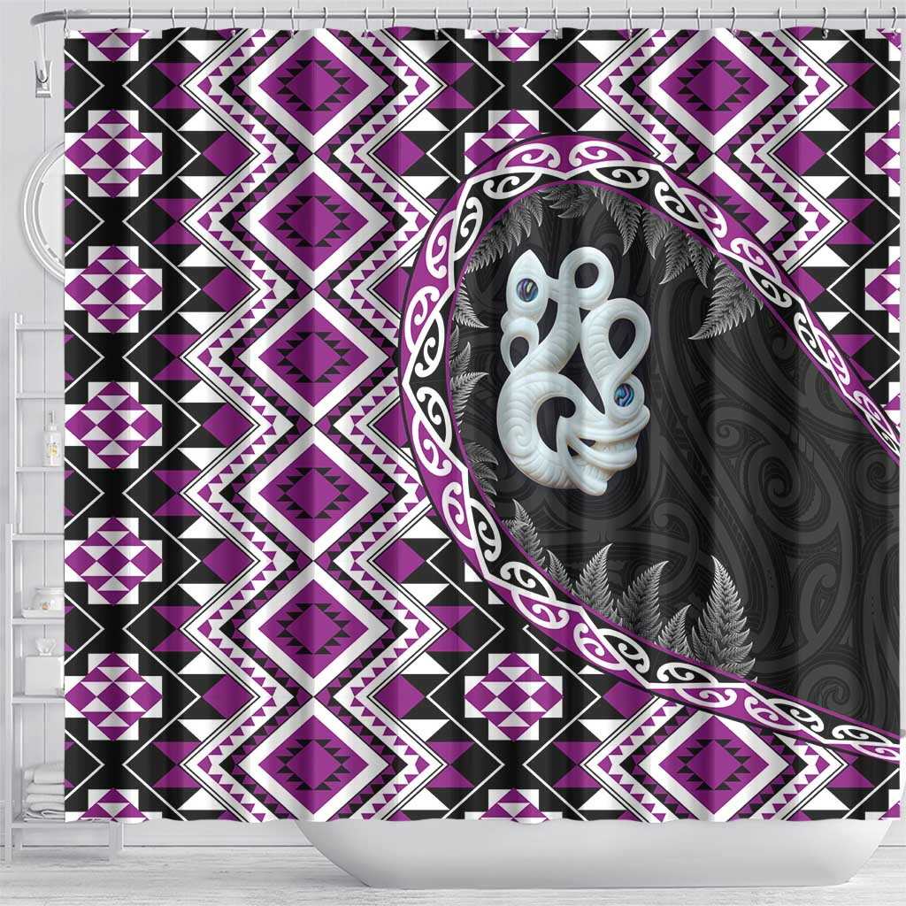 Purple Taniko Motif Aotearoa Manaia and Silver Fern Shower Curtain LT03 - Polynesian Pride