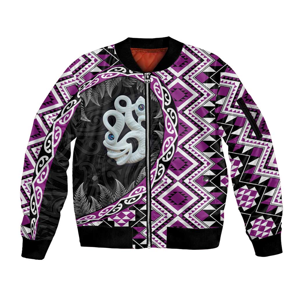 Purple Taniko Motif Aotearoa Manaia and Silver Fern Sleeve Zip Bomber Jacket LT03 Unisex Purple - Polynesian Pride