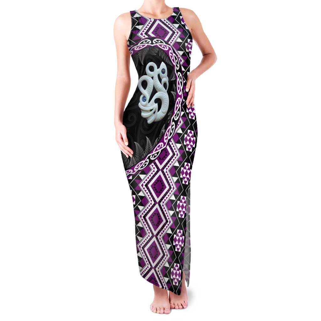 Purple Taniko Motif Aotearoa Manaia and Silver Fern Tank Maxi Dress