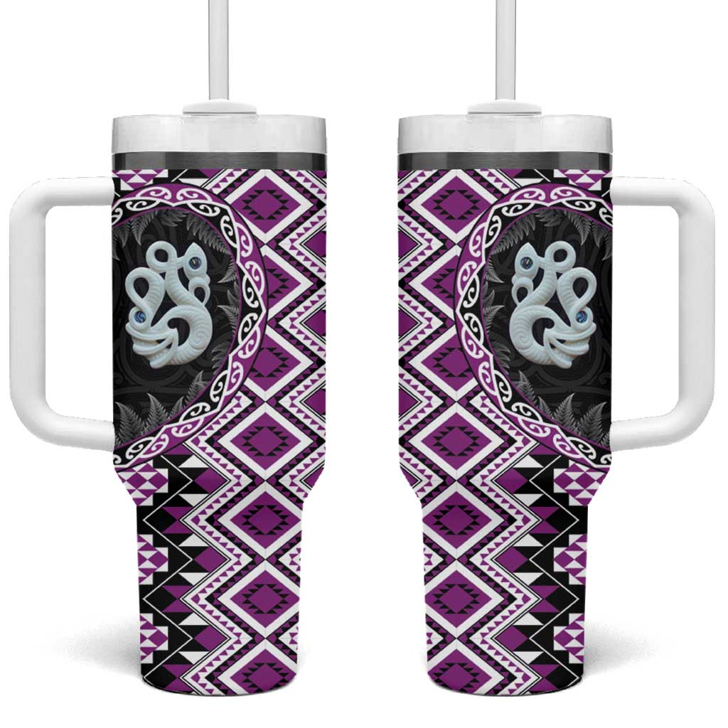 Purple Taniko Motif Aotearoa Manaia and Silver Fern Tumbler With Handle