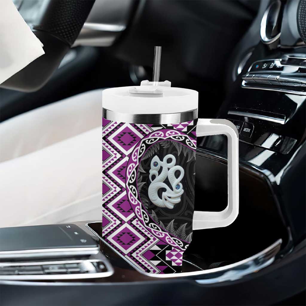 Purple Taniko Motif Aotearoa Manaia and Silver Fern Tumbler With Handle