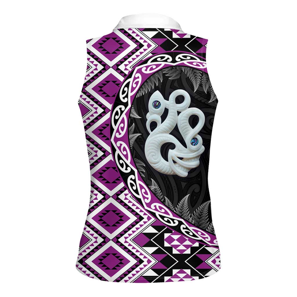 Purple Taniko Motif Aotearoa Manaia and Silver Fern Women Sleeveless Polo Shirt LT03 - Polynesian Pride