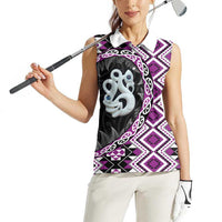 Purple Taniko Motif Aotearoa Manaia and Silver Fern Women Sleeveless Polo Shirt LT03 - Polynesian Pride