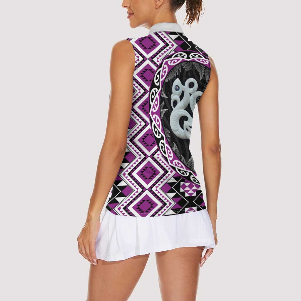 Purple Taniko Motif Aotearoa Manaia and Silver Fern Women Sleeveless Polo Shirt LT03 - Polynesian Pride