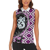 Purple Taniko Motif Aotearoa Manaia and Silver Fern Women Sleeveless Polo Shirt LT03 - Polynesian Pride