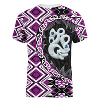 Purple Taniko Motif Aotearoa Manaia and Silver Fern Women V-Neck T-Shirt LT03 - Polynesian Pride