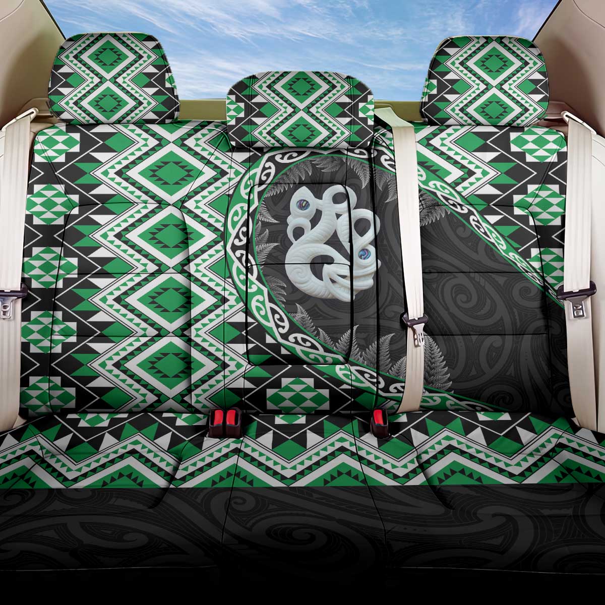 Green Taniko Motif Aotearoa Manaia and Silver Fern Back Car Seat Cover
