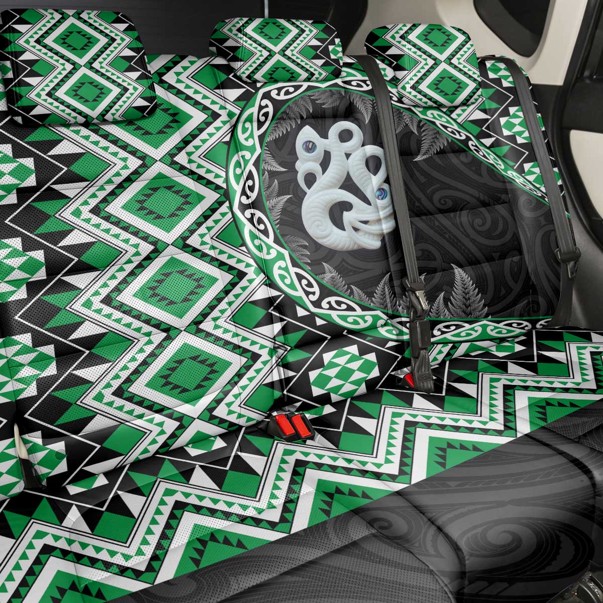 Green Taniko Motif Aotearoa Manaia and Silver Fern Back Car Seat Cover