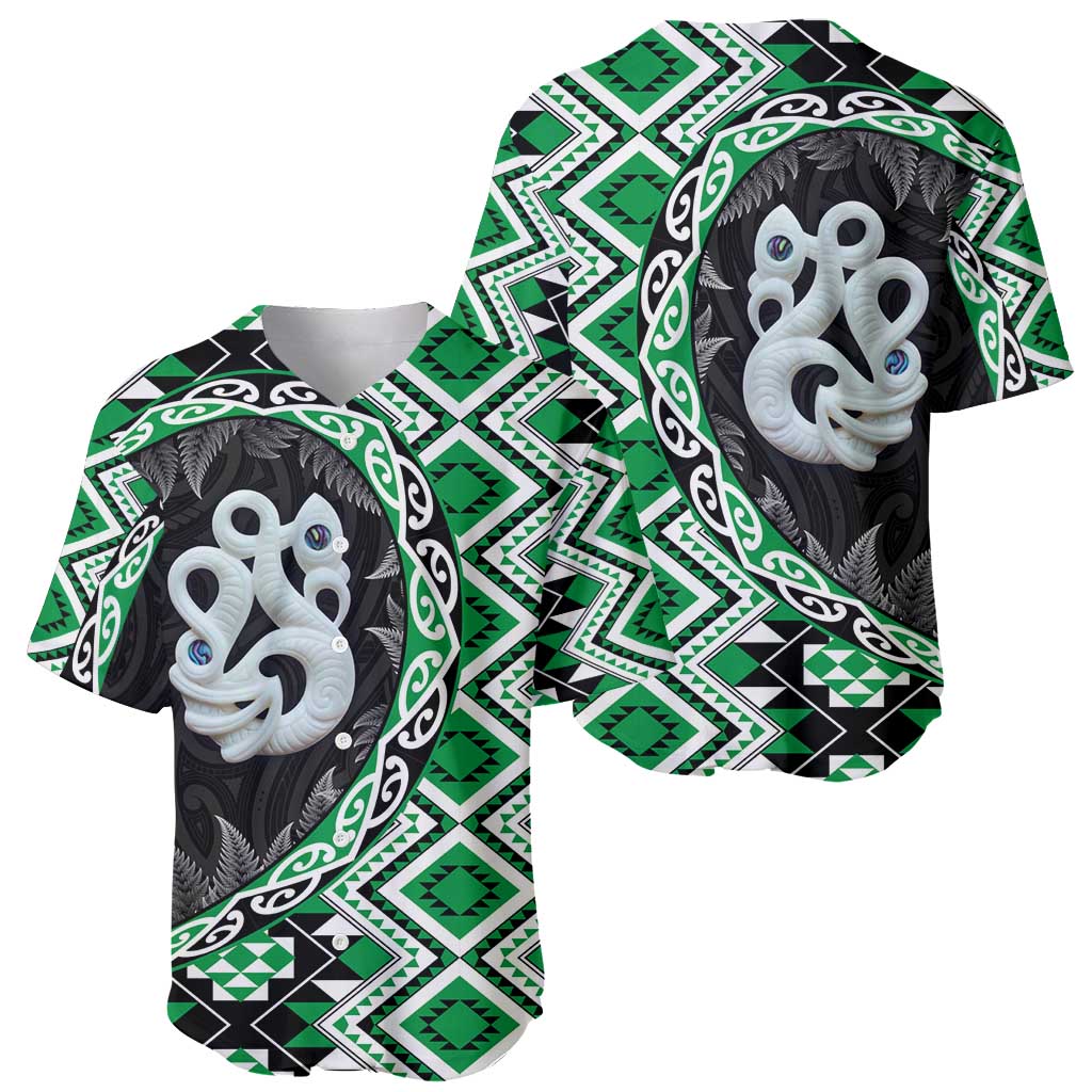 Green Taniko Motif Aotearoa Manaia and Silver Fern Baseball Jersey