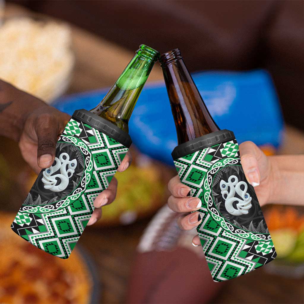 Green Taniko Motif Aotearoa Manaia and Silver Fern 4 in 1 Can Cooler Tumbler