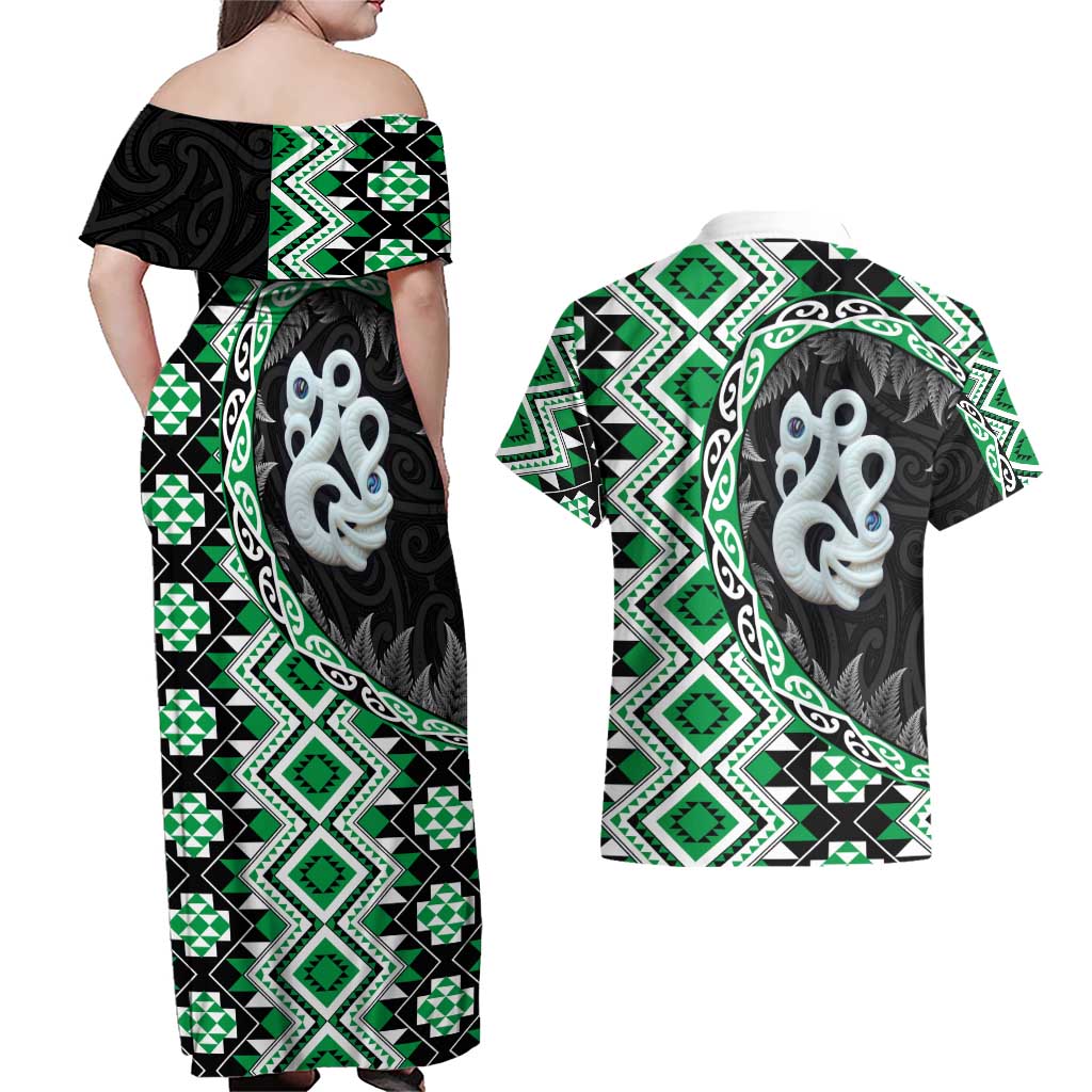 Green Taniko Motif Aotearoa Manaia and Silver Fern Couples Matching Off Shoulder Maxi Dress and Hawaiian Shirt
