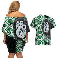 Green Taniko Motif Aotearoa Manaia and Silver Fern Couples Matching Off Shoulder Short Dress and Hawaiian Shirt