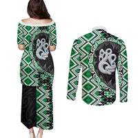 Green Taniko Motif Aotearoa Manaia and Silver Fern Couples Matching Puletasi and Long Sleeve Button Shirt