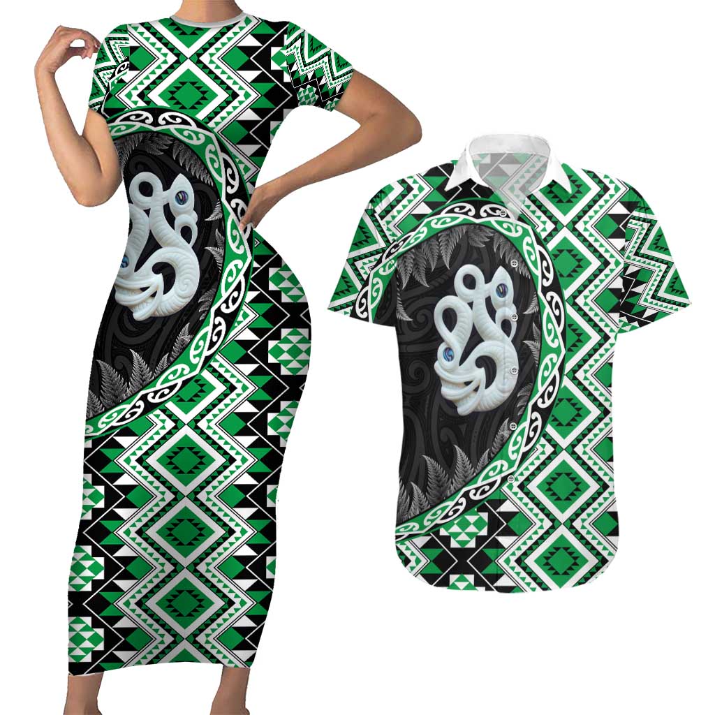 Green Taniko Motif Aotearoa Manaia and Silver Fern Couples Matching Short Sleeve Bodycon Dress and Hawaiian Shirt
