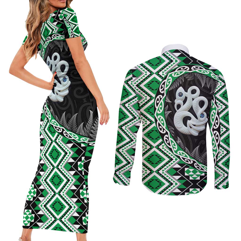 Green Taniko Motif Aotearoa Manaia and Silver Fern Couples Matching Short Sleeve Bodycon Dress and Long Sleeve Button Shirt LT03 - Polynesian Pride