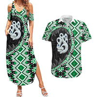 Green Taniko Motif Aotearoa Manaia and Silver Fern Couples Matching Summer Maxi Dress and Hawaiian Shirt