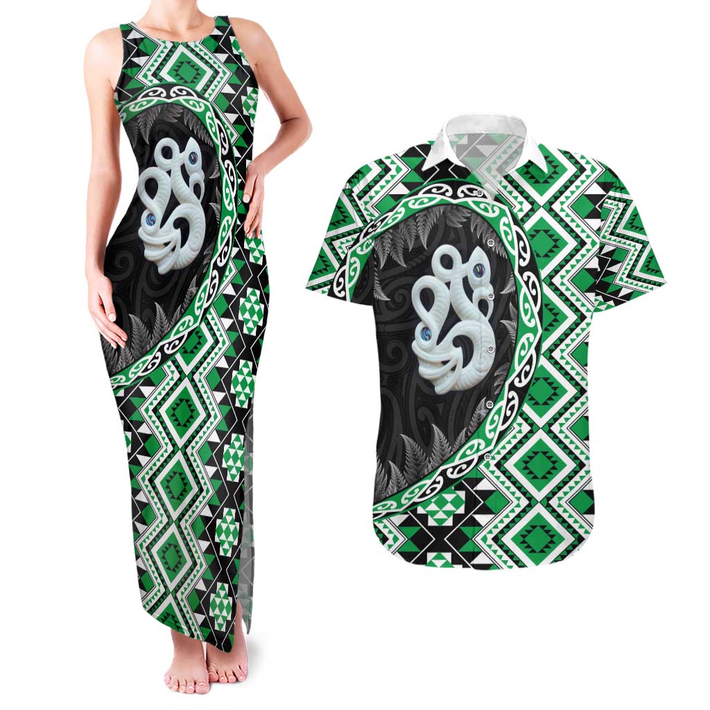 Green Taniko Motif Aotearoa Manaia and Silver Fern Couples Matching Tank Maxi Dress and Hawaiian Shirt