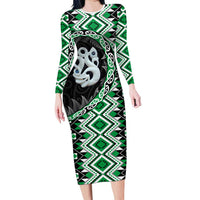 Green Taniko Motif Aotearoa Manaia and Silver Fern Family Matching Long Sleeve Bodycon Dress and Hawaiian Shirt