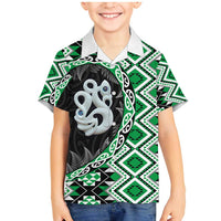 Green Taniko Motif Aotearoa Manaia and Silver Fern Family Matching Mermaid Dress and Hawaiian Shirt
