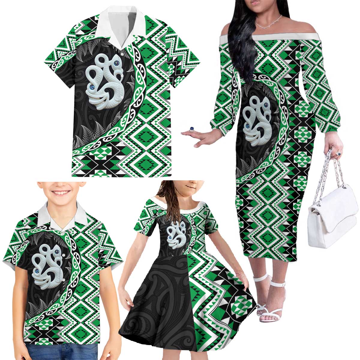 Green Taniko Motif Aotearoa Manaia and Silver Fern Family Matching Off The Shoulder Long Sleeve Dress and Hawaiian Shirt