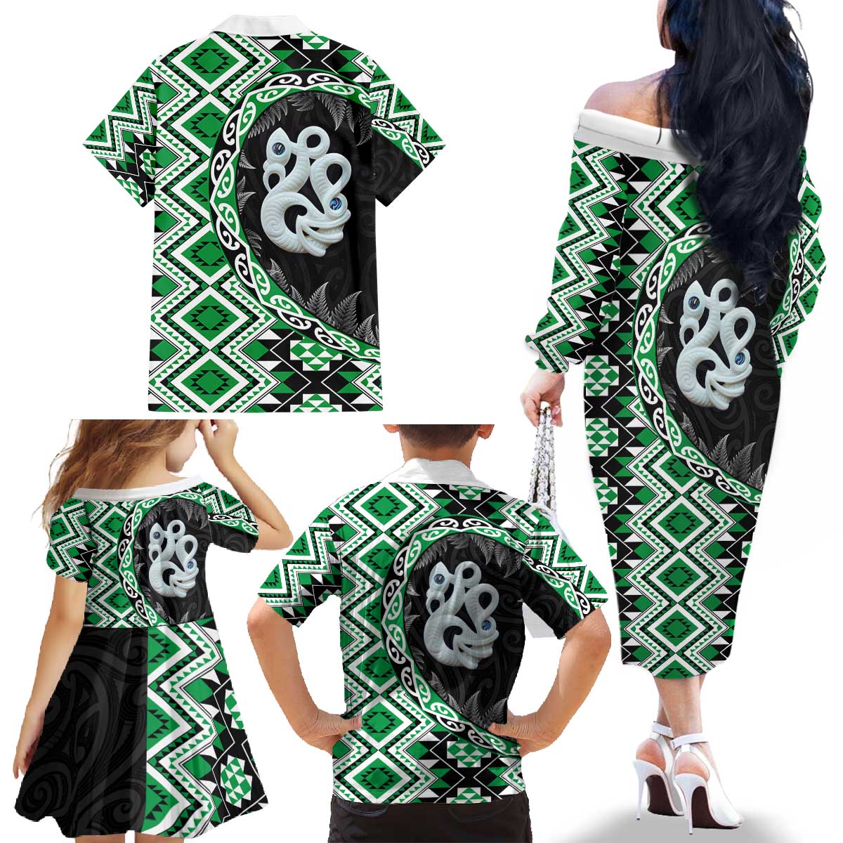 Green Taniko Motif Aotearoa Manaia and Silver Fern Family Matching Off The Shoulder Long Sleeve Dress and Hawaiian Shirt