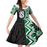 Green Taniko Motif Aotearoa Manaia and Silver Fern Family Matching Off Shoulder Short Dress and Hawaiian Shirt
