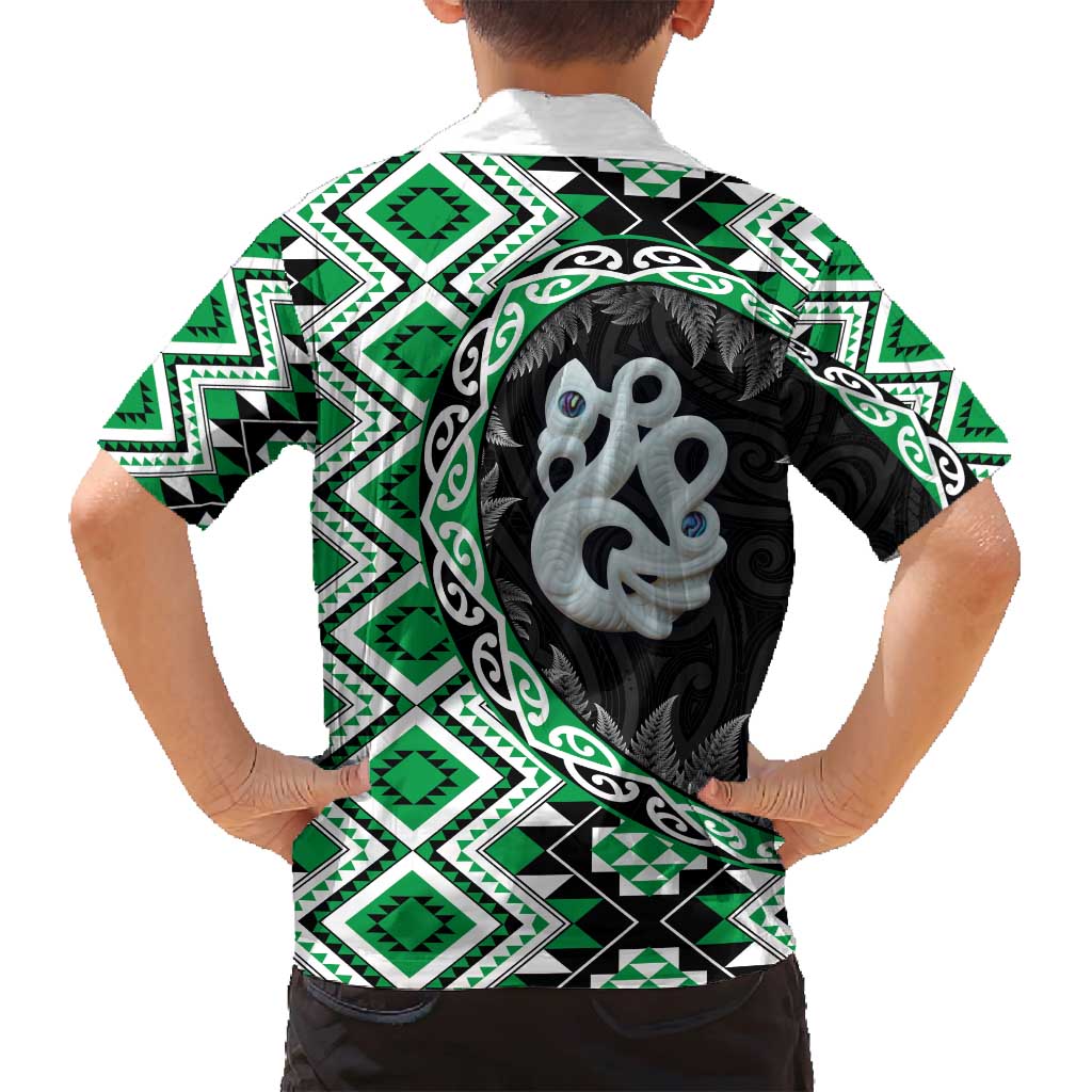 Green Taniko Motif Aotearoa Manaia and Silver Fern Family Matching Puletasi and Hawaiian Shirt