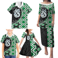 Green Taniko Motif Aotearoa Manaia and Silver Fern Family Matching Puletasi and Hawaiian Shirt