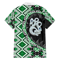 Green Taniko Motif Aotearoa Manaia and Silver Fern Family Matching Puletasi and Hawaiian Shirt