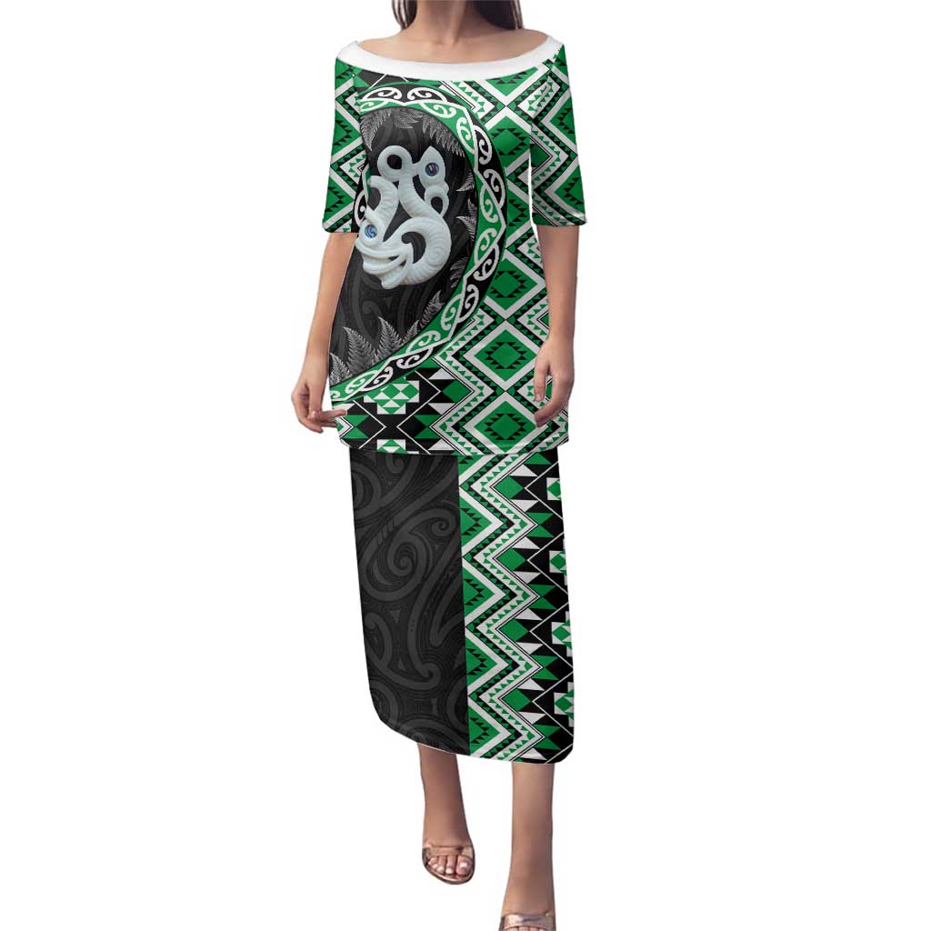 Green Taniko Motif Aotearoa Manaia and Silver Fern Family Matching Puletasi and Hawaiian Shirt