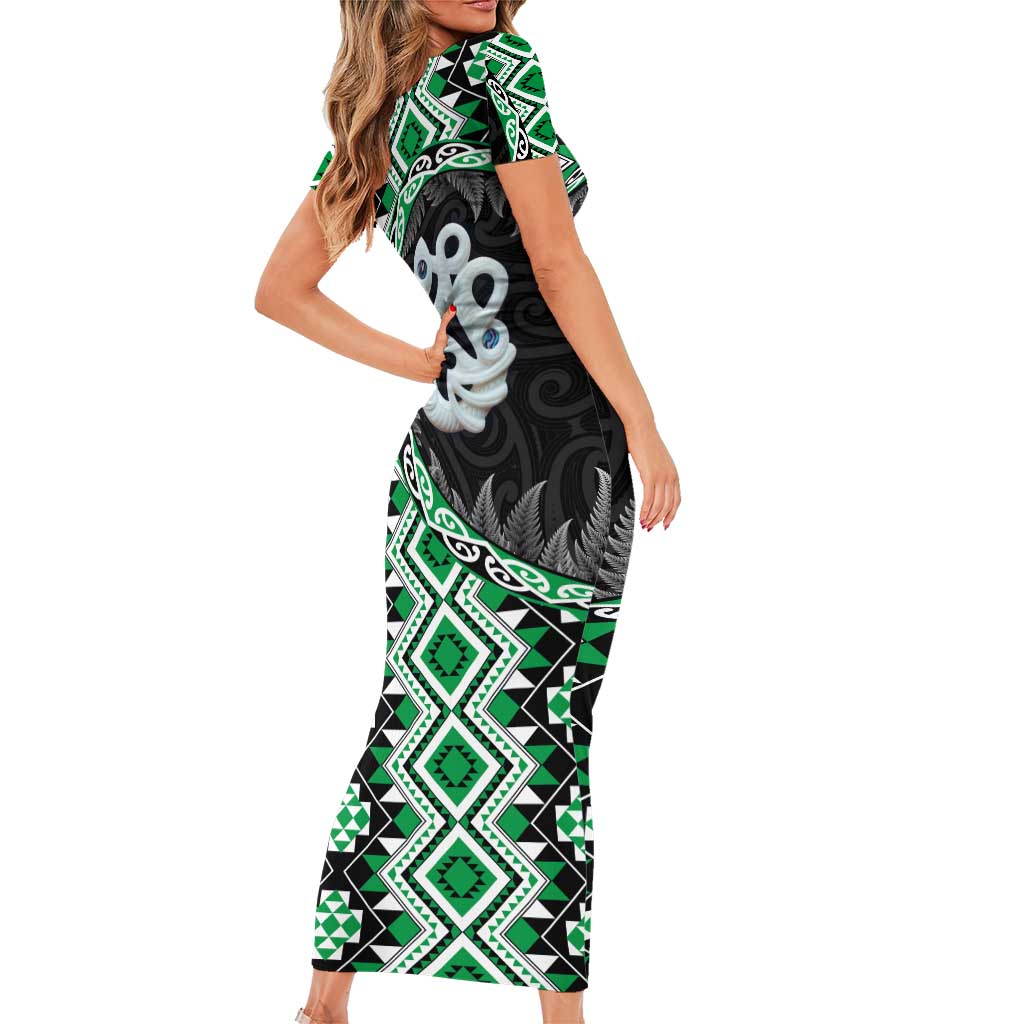 Green Taniko Motif Aotearoa Manaia and Silver Fern Family Matching Short Sleeve Bodycon Dress and Hawaiian Shirt