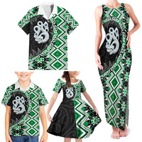 Green Taniko Motif Aotearoa Manaia and Silver Fern Family Matching Tank Maxi Dress and Hawaiian Shirt