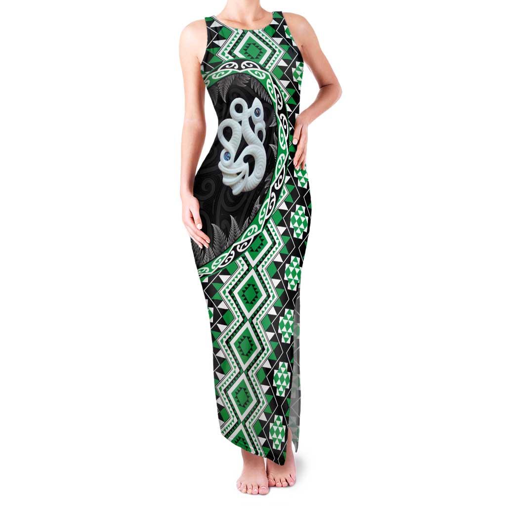 Green Taniko Motif Aotearoa Manaia and Silver Fern Family Matching Tank Maxi Dress and Hawaiian Shirt