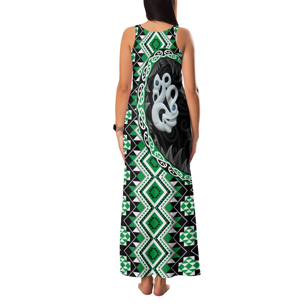 Green Taniko Motif Aotearoa Manaia and Silver Fern Family Matching Tank Maxi Dress and Hawaiian Shirt