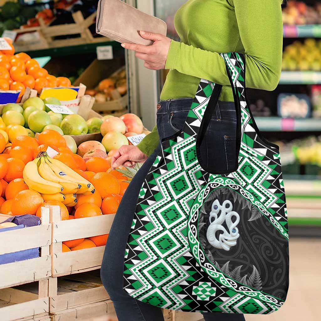 Green Taniko Motif Aotearoa Manaia and Silver Fern Grocery Bag