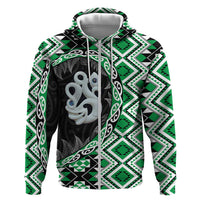 Green Taniko Motif Aotearoa Manaia and Silver Fern Hoodie
