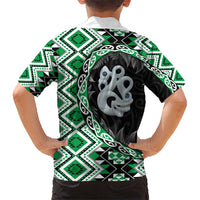 Green Taniko Motif Aotearoa Manaia and Silver Fern Kid Hawaiian Shirt