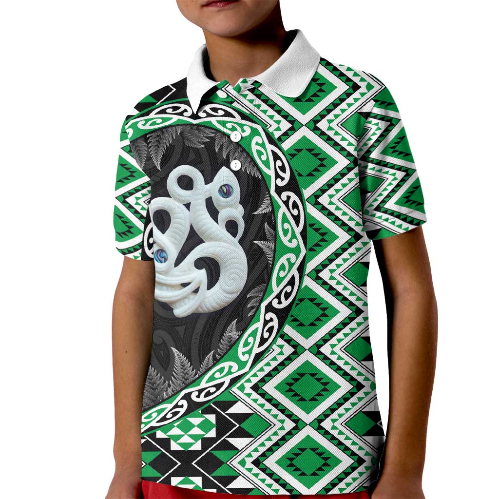 Green Taniko Motif Aotearoa Manaia and Silver Fern Kid Polo Shirt