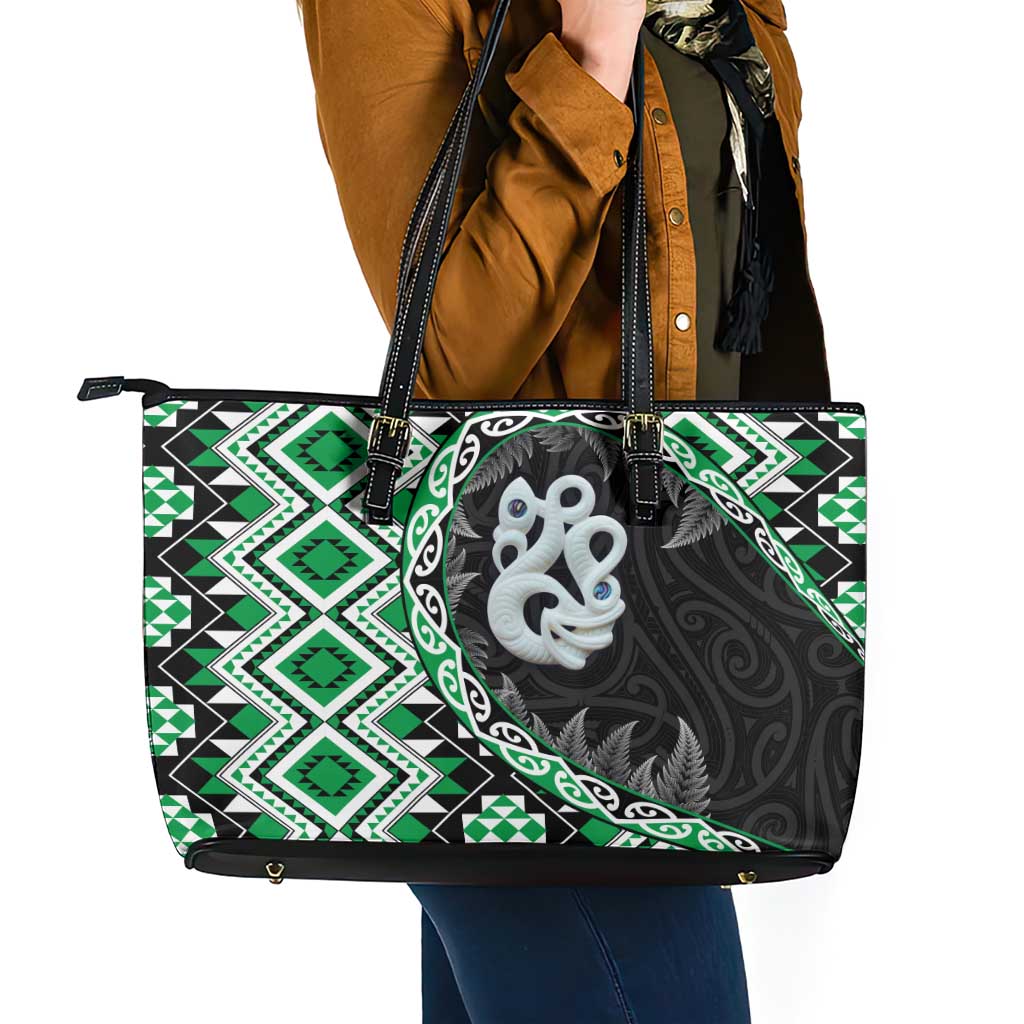Green Taniko Motif Aotearoa Manaia and Silver Fern Leather Tote Bag