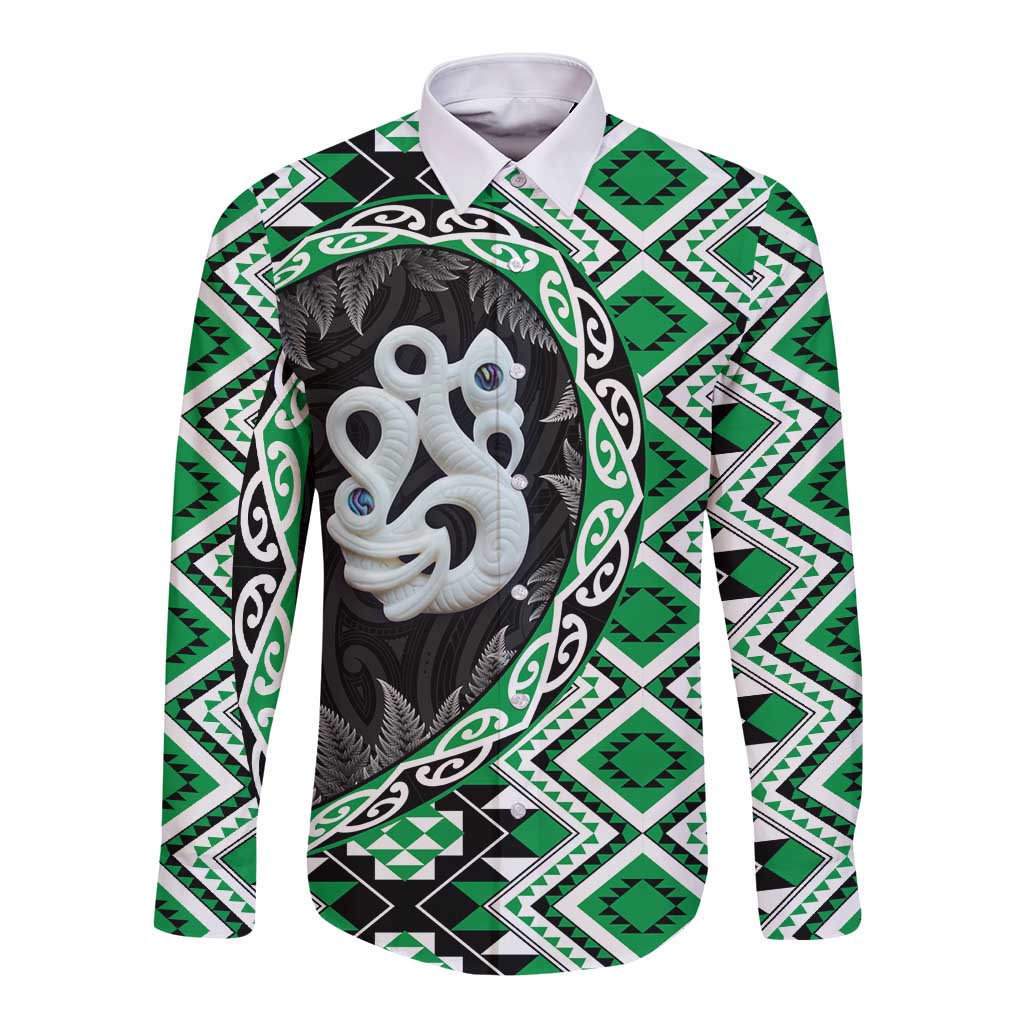 Green Taniko Motif Aotearoa Manaia and Silver Fern Long Sleeve Button Shirt