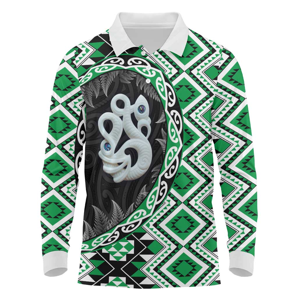 Green Taniko Motif Aotearoa Manaia and Silver Fern Long Sleeve Polo Shirt LT03 Green - Polynesian Pride